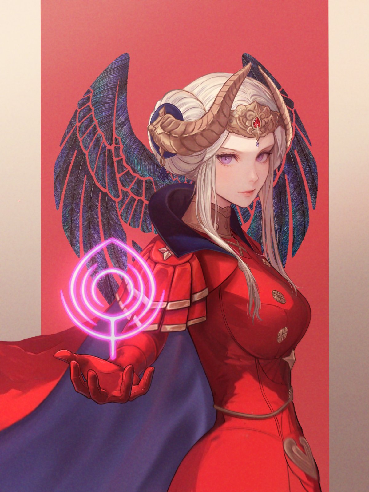 1girl, buttons, cape, double_bun, dress, edelgard_von_hresvelg, edelgard_von_hresvelg_(timeskip), fake_horns