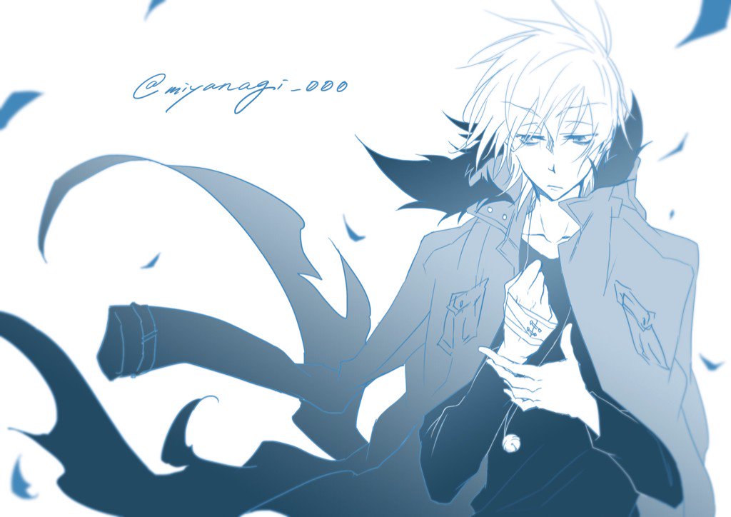 1boy, bags_under_eyes, bandaged_hand, bandages, bell, blue_eyes, coat, fur-trimmed_coat