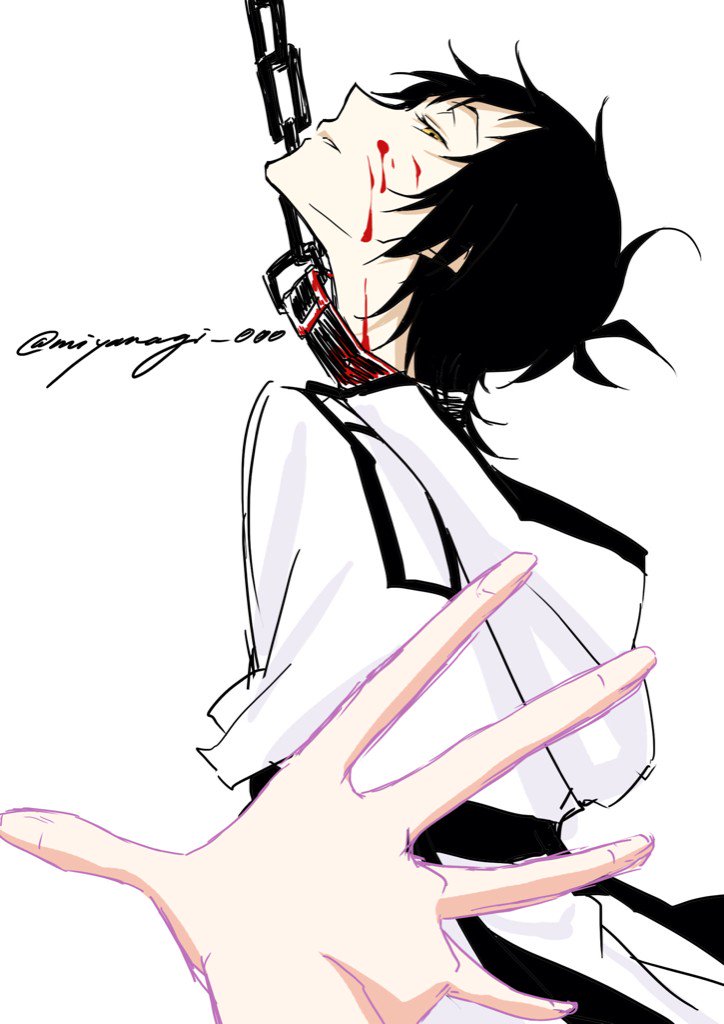 1boy, antenna_hair, black_hair, blood, blood_on_face, kamiya_tsurugi, male_focus, miyanagi_000, pov, reaching, servamp, short_hair, white_background, yellow_eyes