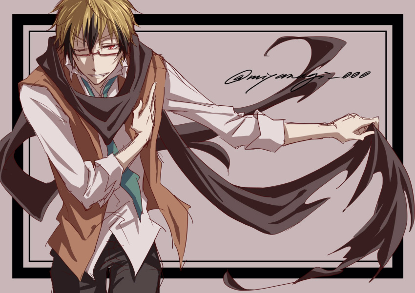 1boy, black_hair, black_pants, black_scarf, blonde_hair, fang, highres, holding_scarf, lawless_(servamp), male_focus, miyanagi_000, necktie, one_eye_closed, pants, red-framed_eyewear, red_eyes, scarf, servamp, short_hair, vampire