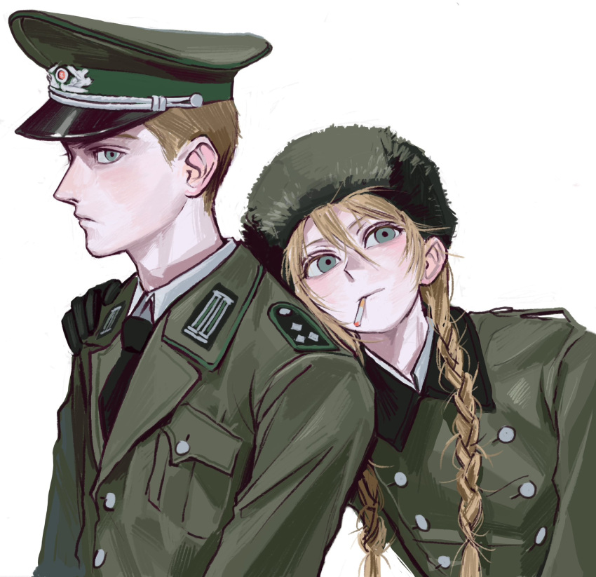 1boy, 1girl, black_gloves, blonde_hair, blue_eyes, braid, cigarette, closed_mouth