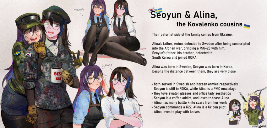2girls, :d, :p, alina_svard_kovalenko_(laotianaviator), artist_name, bags_under_eyes, black_hair, black_necktie