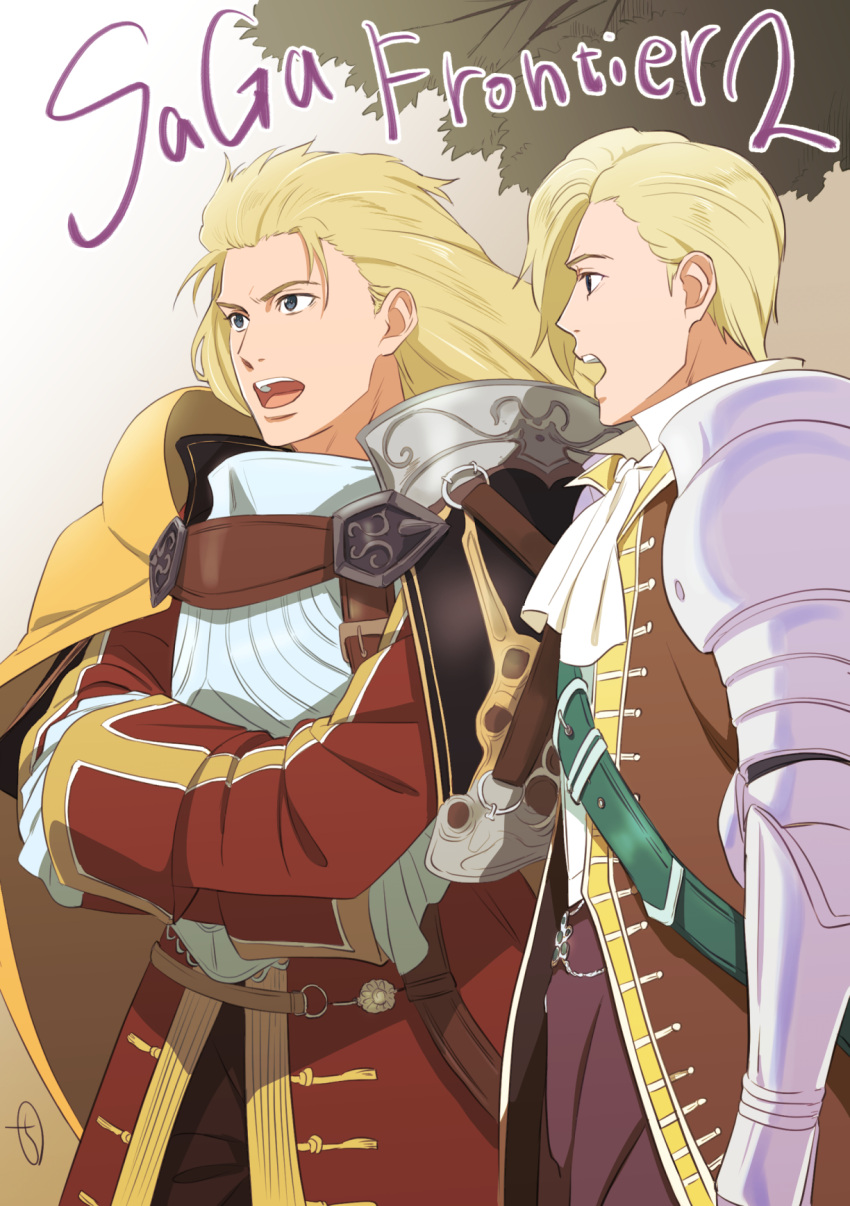 2boys, armor, blonde_hair, cape, gustave_xiii, highres, kelvin, kobayashi_chizuru