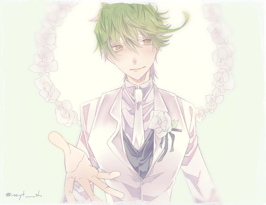 1boy, absurdres, ahoge, alternate_costume, flower_costume, green_background, green_hair, highres
