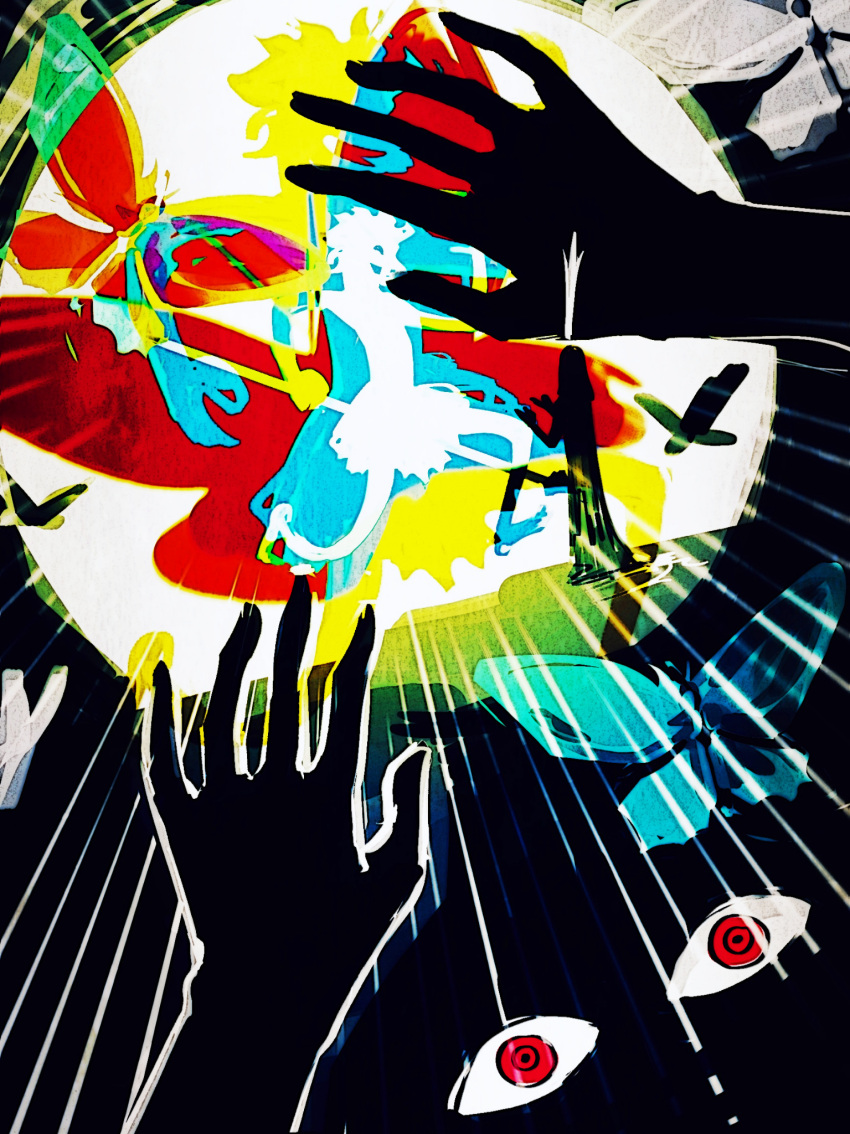 1boy, 1other, black_robe, bug, butterfly, butterfly_wings, crown, disembodied_hand, highres, holding, holding_polearm, holding_weapon, imu_(one_piece), insect_wings, joy_boy_(one_piece), light_rays, one_piece, polearm, red_eyes, ringed_eyes, robe, silhouette, skala-w, sketch, smile, spear, surreal, tall_crown, weapon, wings