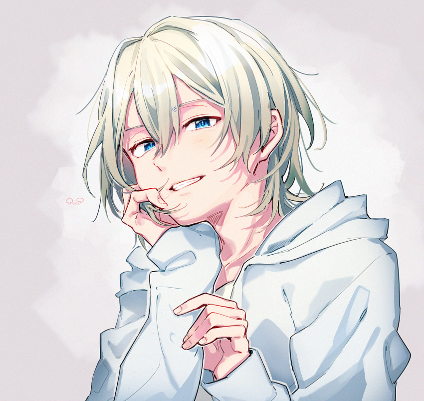 1boy, aam09212, adam_(servamp), blonde_hair, blue_eyes, grey_background, highres, jacket