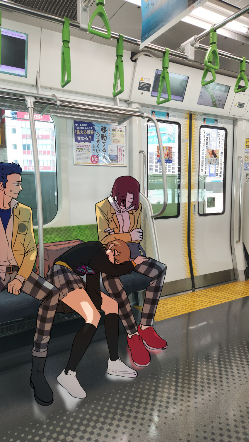 1girl, 2boys, absurdres, arai_motoha, bag, black_socks, black_sweater, blonde_hair