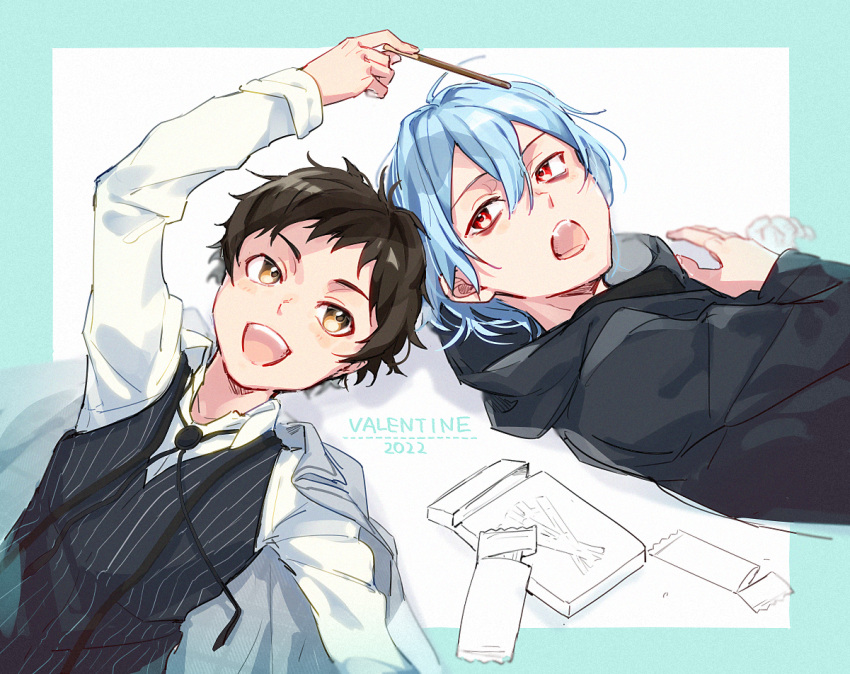 2boys, aam09212, bags_under_eyes, blue_hair, brown_hair, fang, food, happy_valentine