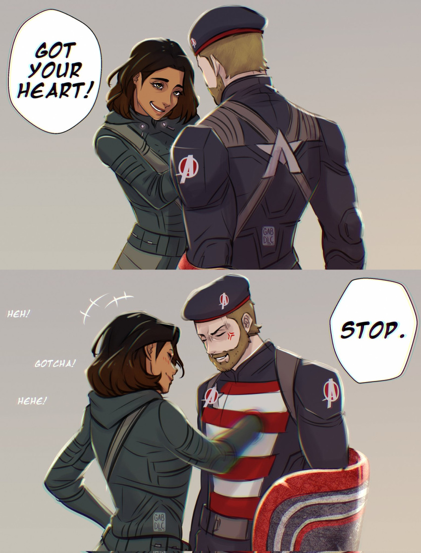 1boy, 1girl, blush, brown_hair, dark-skinned_female, dark_skin, embarrassed, english_text