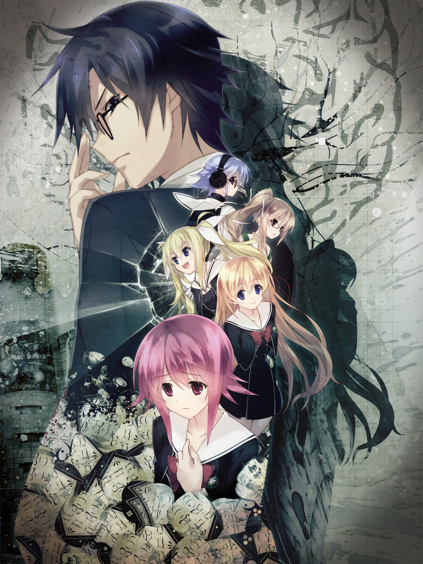 1boy, 5girls, 5pb., arimura_hinae, black_dress, blonde_hair, blue_eyes, blue_hair