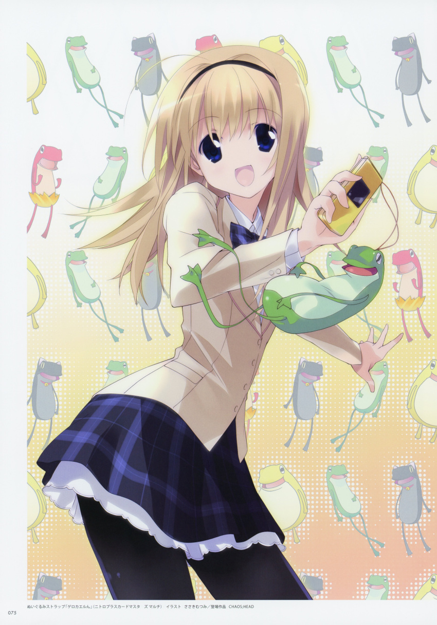 1girl, absurdres, ahoge, black_pantyhose, blazer, blonde_hair, bow, bowtie