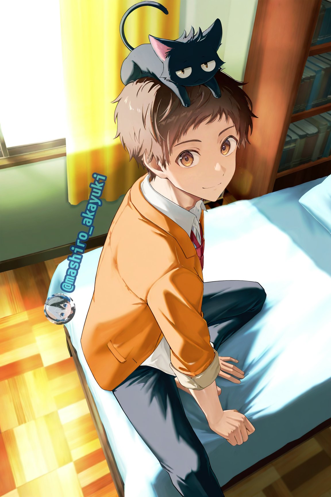 1boy, ai-generated, bed, brown_hair, cat, highres, male_focus, mashiro_akayuki