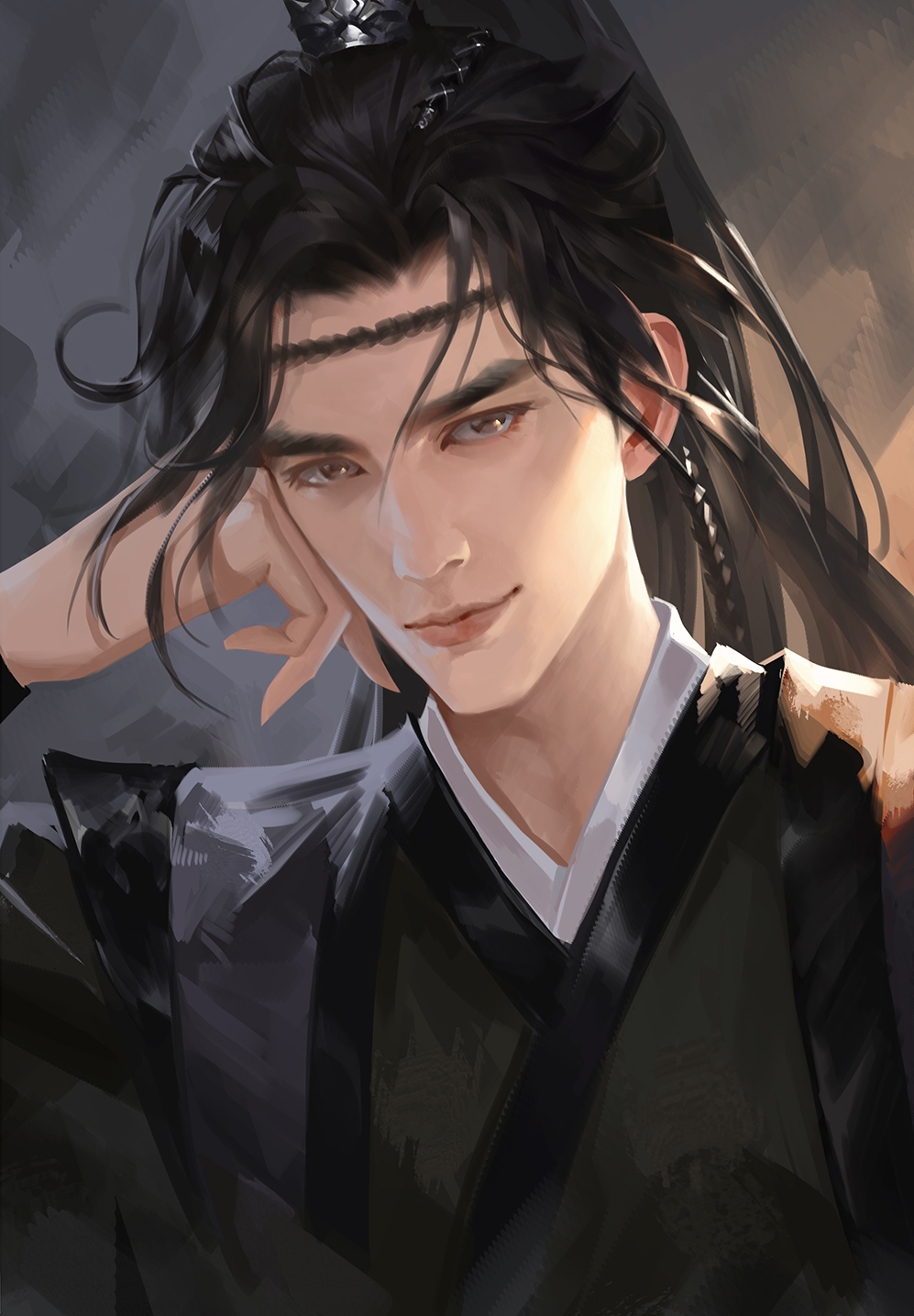 1boy, asian, black_hair, black_hanfu, black_headband, brown_eyes, chinese_clothes, chinese_commentary