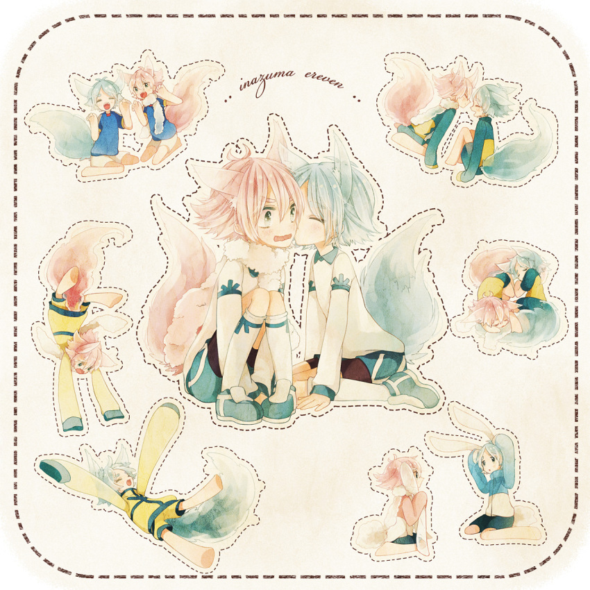 ahoge, animal_ears, bike_shorts, blue_eyes, blush, brothers, bunny_ears, bunny_tail