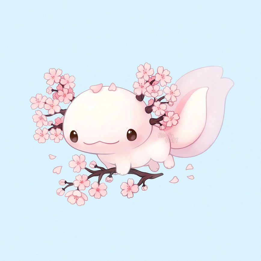 :3, animal_focus, artist_name, axolotl, blue_background, brown_eyes, cherry_blossoms, closed_mouth, commentary, english_commentary, flora_fauna, flower, from_side, full_body, ida_(floofyfluff), looking_at_viewer, no_humans, original, petals, pink_flower, plant_hair, smile, solo