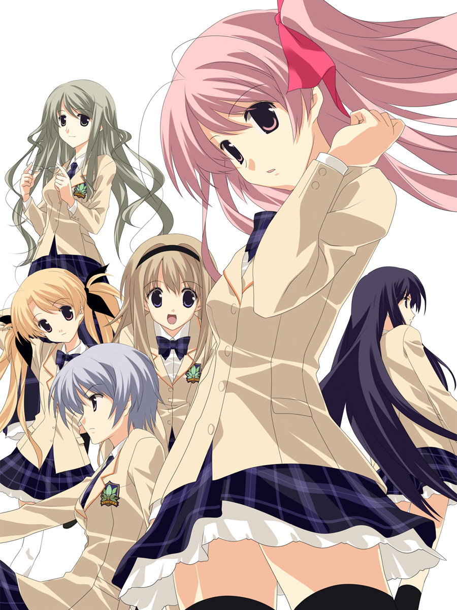 6+girls, antenna_hair, aoi_sena, black_thighhighs, blazer, blonde_hair, blue_hair, bow