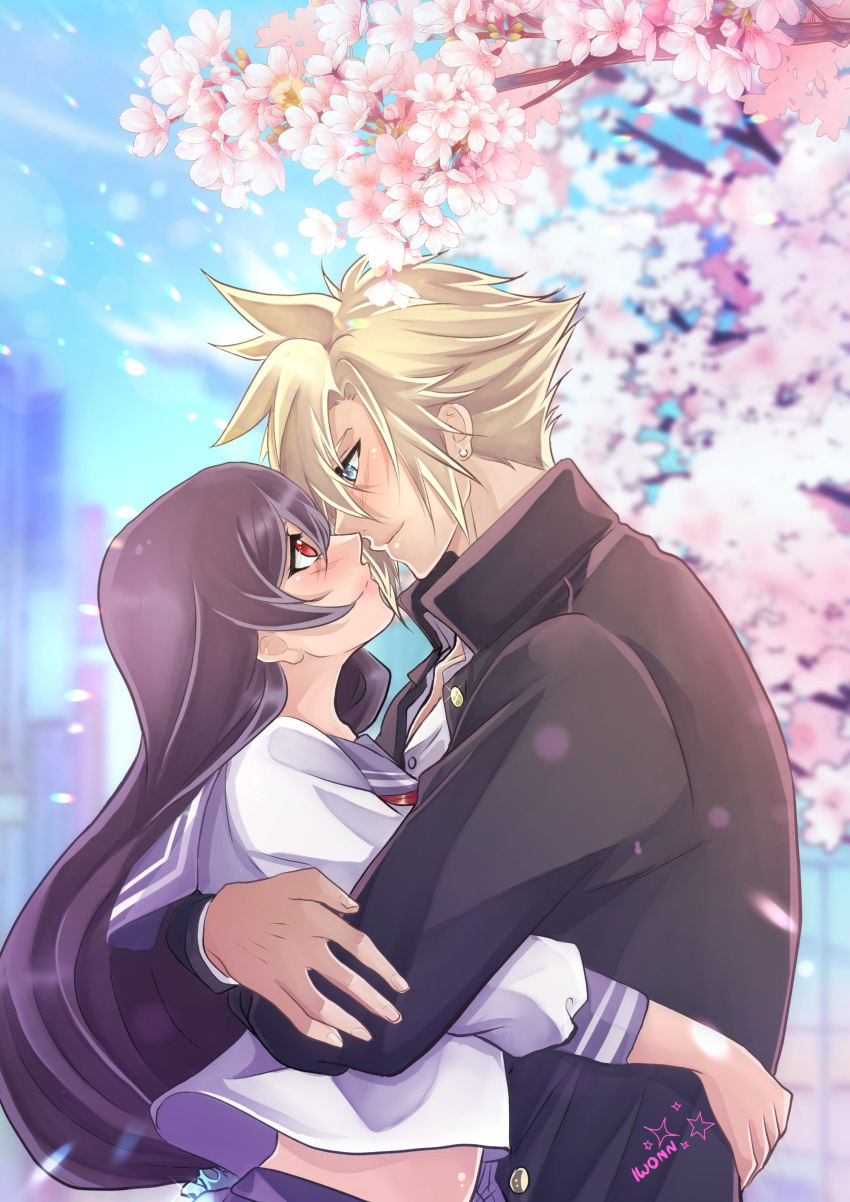 1boy, 1girl, absurdres, arms_around_back, artist_name, black_hair, black_jacket, blonde_hair