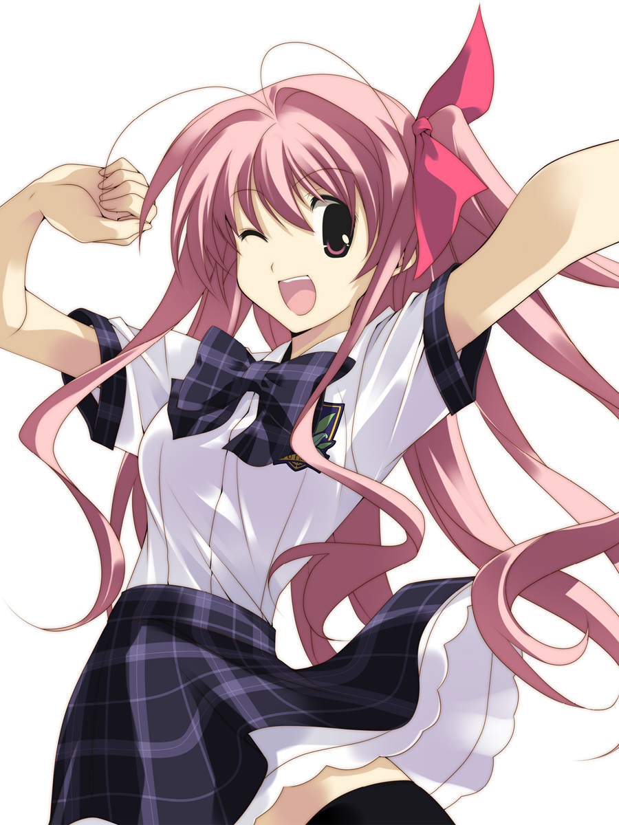 1girl, antenna_hair, arms_up, black_thighhighs, bow, bowtie, breasts, chaos;head