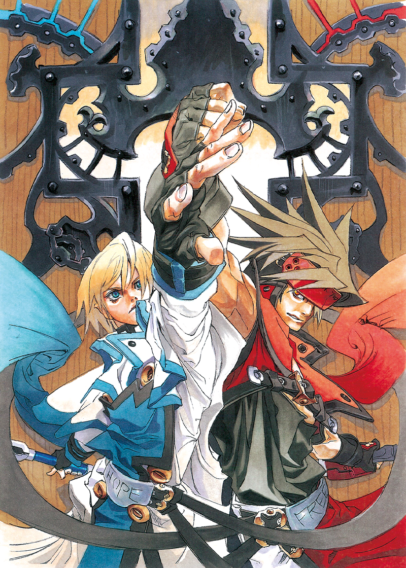 2boys, back-to-back, belt_buckle, black_shirt, blonde_hair, blue_eyes, brown_hair, buckle