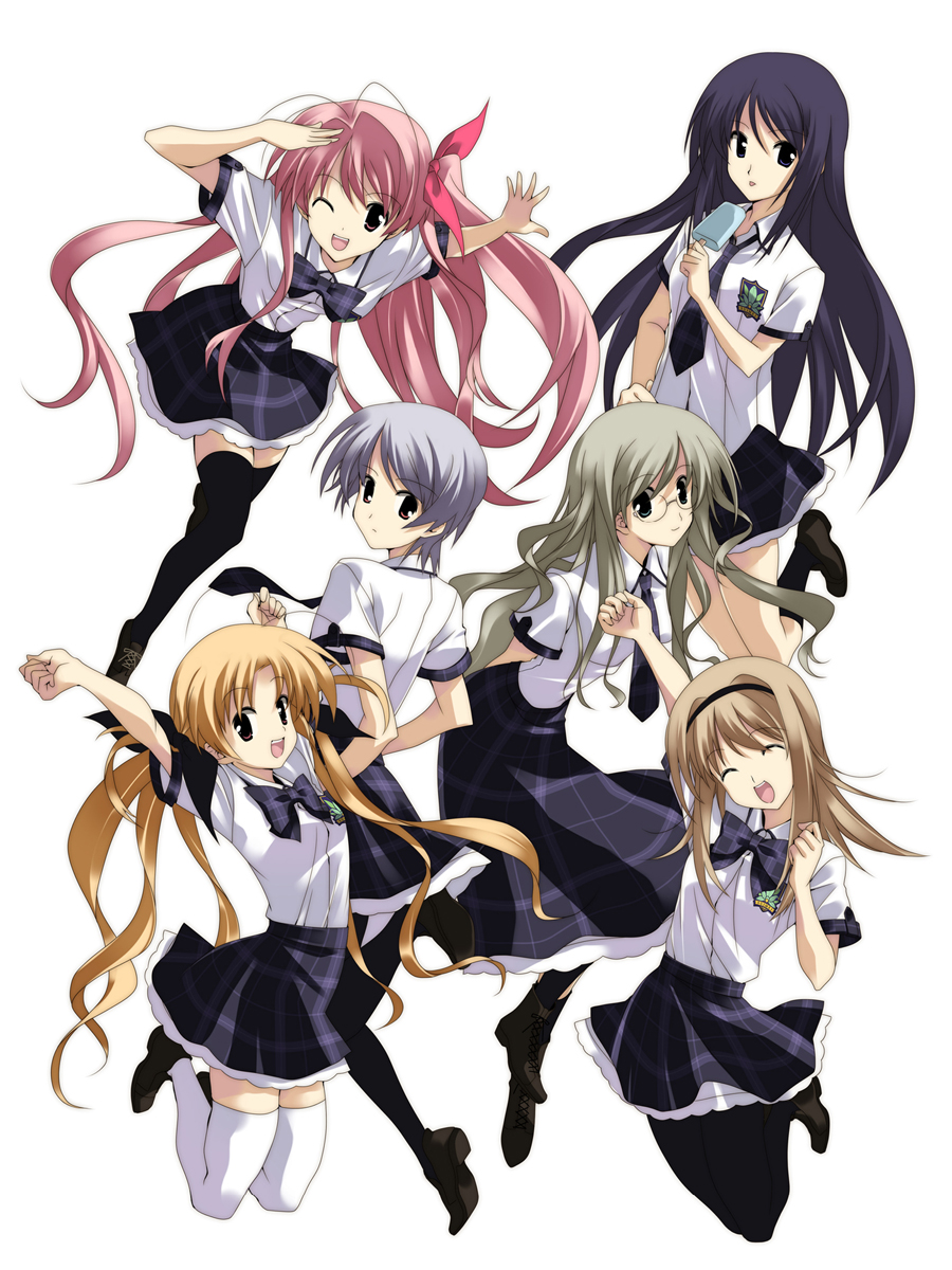 6+girls, aoi_sena, arms_up, black_hairband, black_pantyhose, black_shoes, black_socks, black_thighhighs