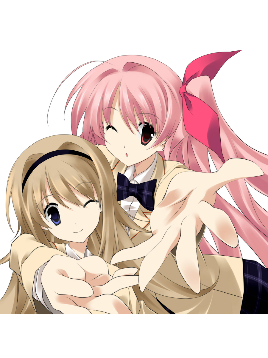 2girls, :o, antenna_hair, black_hairband, blonde_hair, bow, bowtie, breasts