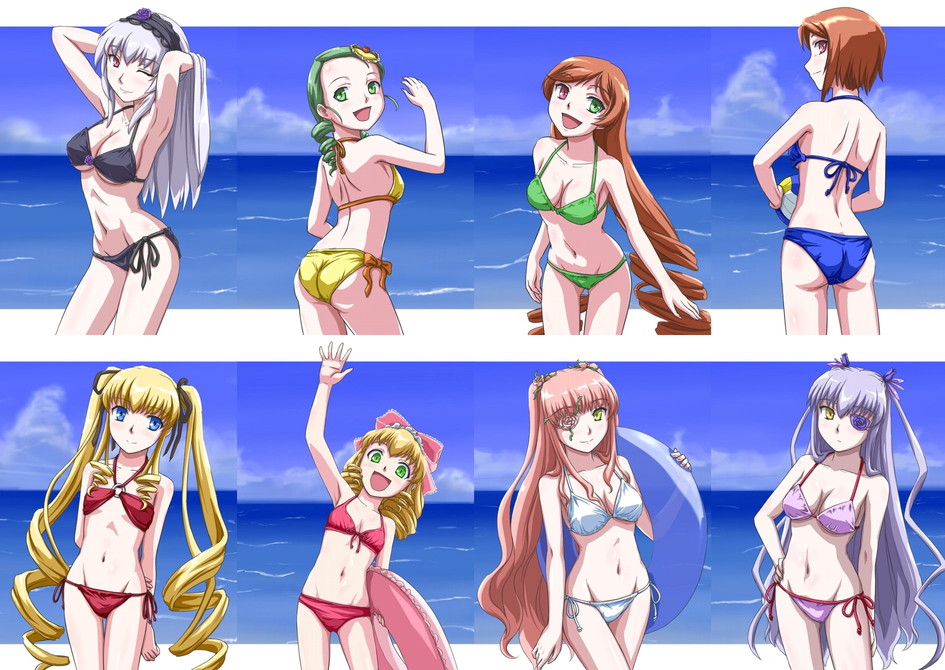 barasuishou, bikini, blonde_hair, blue_eyes, bow, breasts, brown_hair, cleavage, drill_hair, eyepatch, flower, green_eyes, green_hair, hairband, heterochromia, hina_ichigo, kanaria, kirakishou, kurai_(cry), long_hair, multiple_girls, open_mouth, pink_hair, purple_eyes, red_eyes, rozen_maiden, shinku, short_hair, side-tie_bikini, silver_hair, souseiseki, suigintou, suiseiseki, swimsuit, twintails, very_long_hair, violet_eyes, yellow_eyes