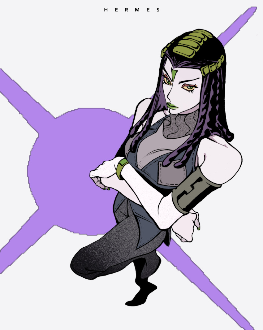 1girl, absurdres, character_name, commentary, crossed_arms, dreadlocks, english_commentary, ermes_costello