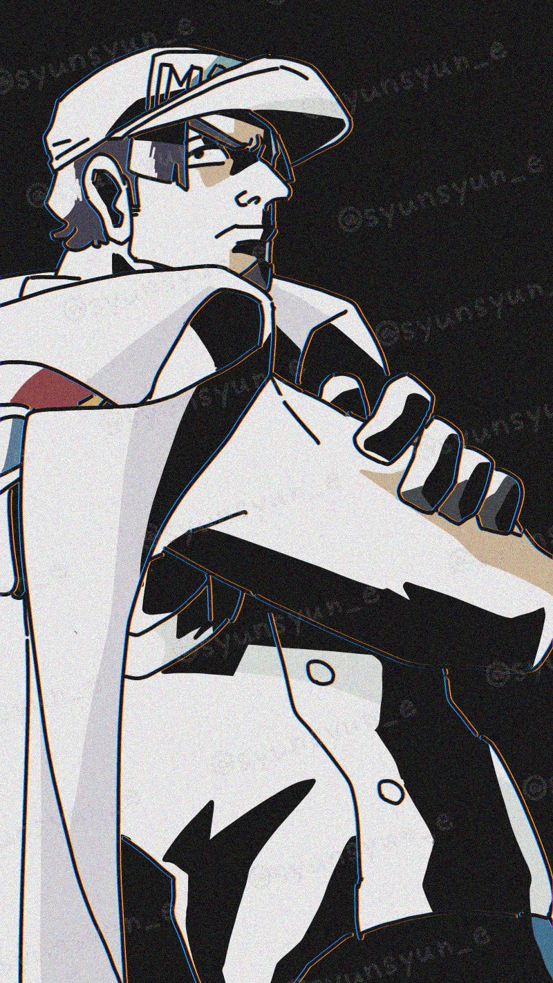 1boy, black_background, black_hair, coat, coat_on_shoulders, collared_shirt, crossed_arms, elder_marine_brother, facial_hair, gloves, goatee, hat, highres, male_focus, one_piece, one_piece_fan_letter, shirt, short_hair, solo, syunsyun_e, twitter_username, upper_body, white_coat