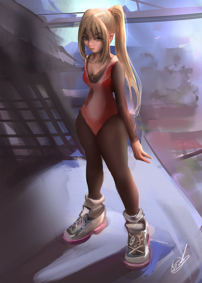 arm_behind_back, black_sleeves, blonde_hair, cityscape, collarbone, gym, hair_between_eyes, highres