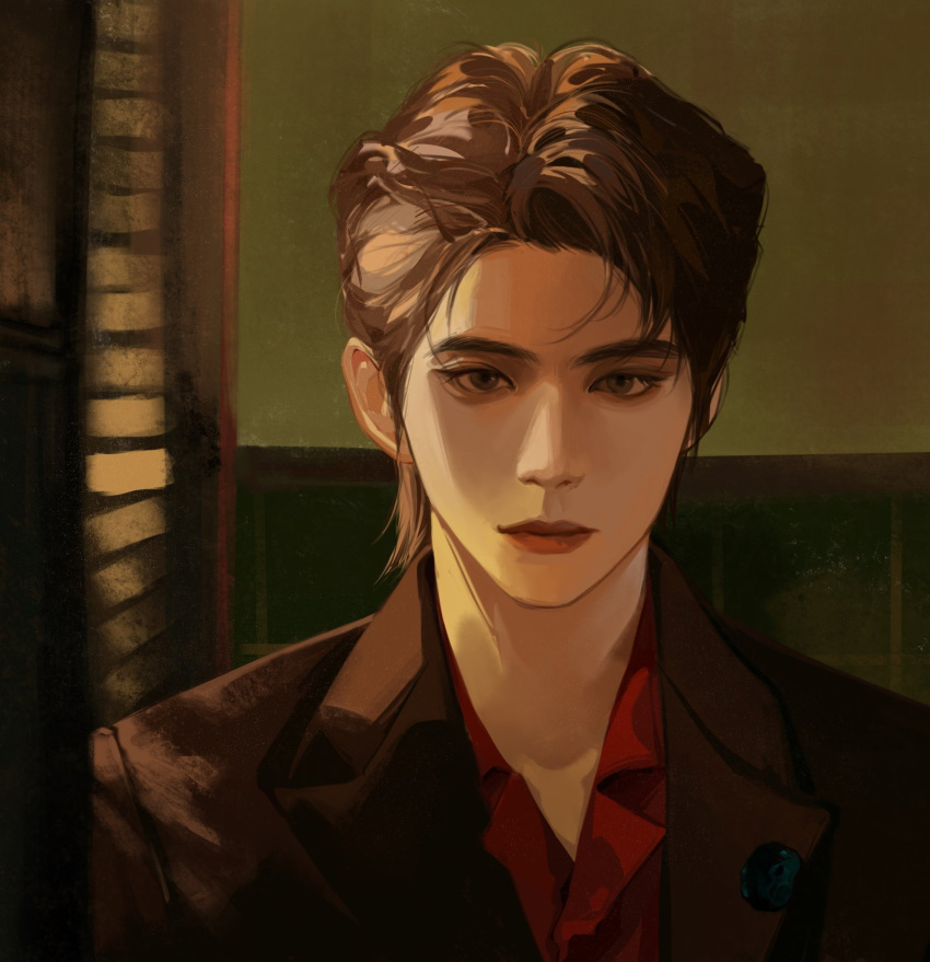 1boy, black_jacket, brown_hair, closed_mouth, collared_shirt, commentary, eyelashes, highres