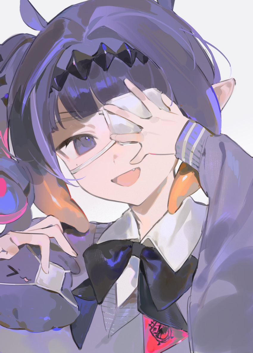 1girl, collared_shirt, colored_inner_hair, eyepatch, fang, gradient_hair, grey_sweater, hand_on_own_face