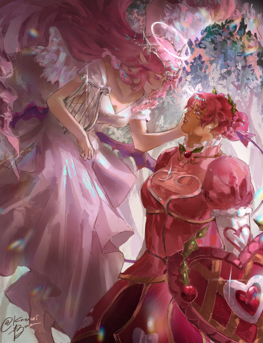 2girls, angel, angel_wings, colored_skin, cookie_run, cookie_run:_kingdom, curly_hair, demon_girl