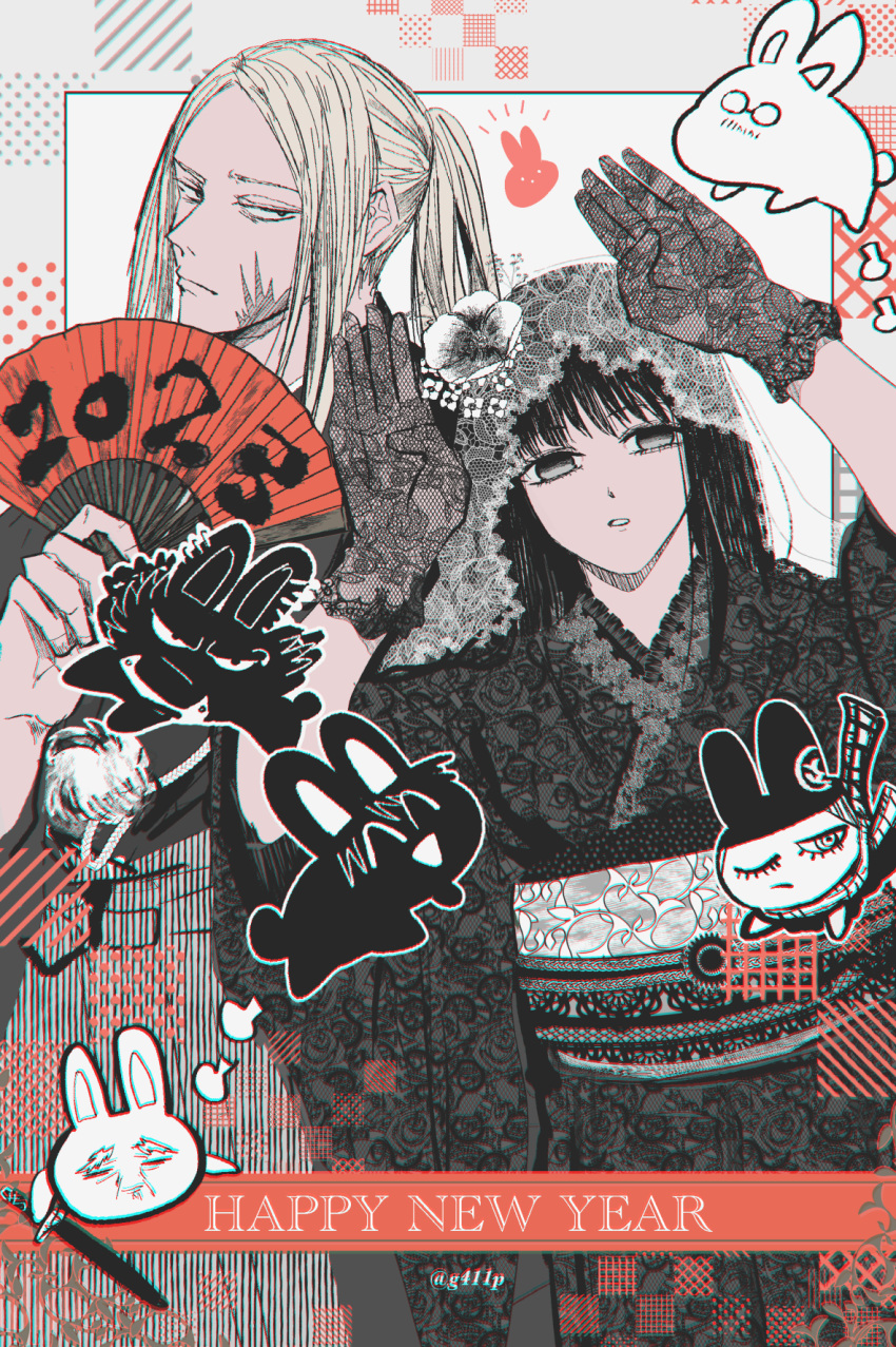 1boy, 1girl, 411_(g411p), black_hair, black_kimono, flower, folding_fan, gloves