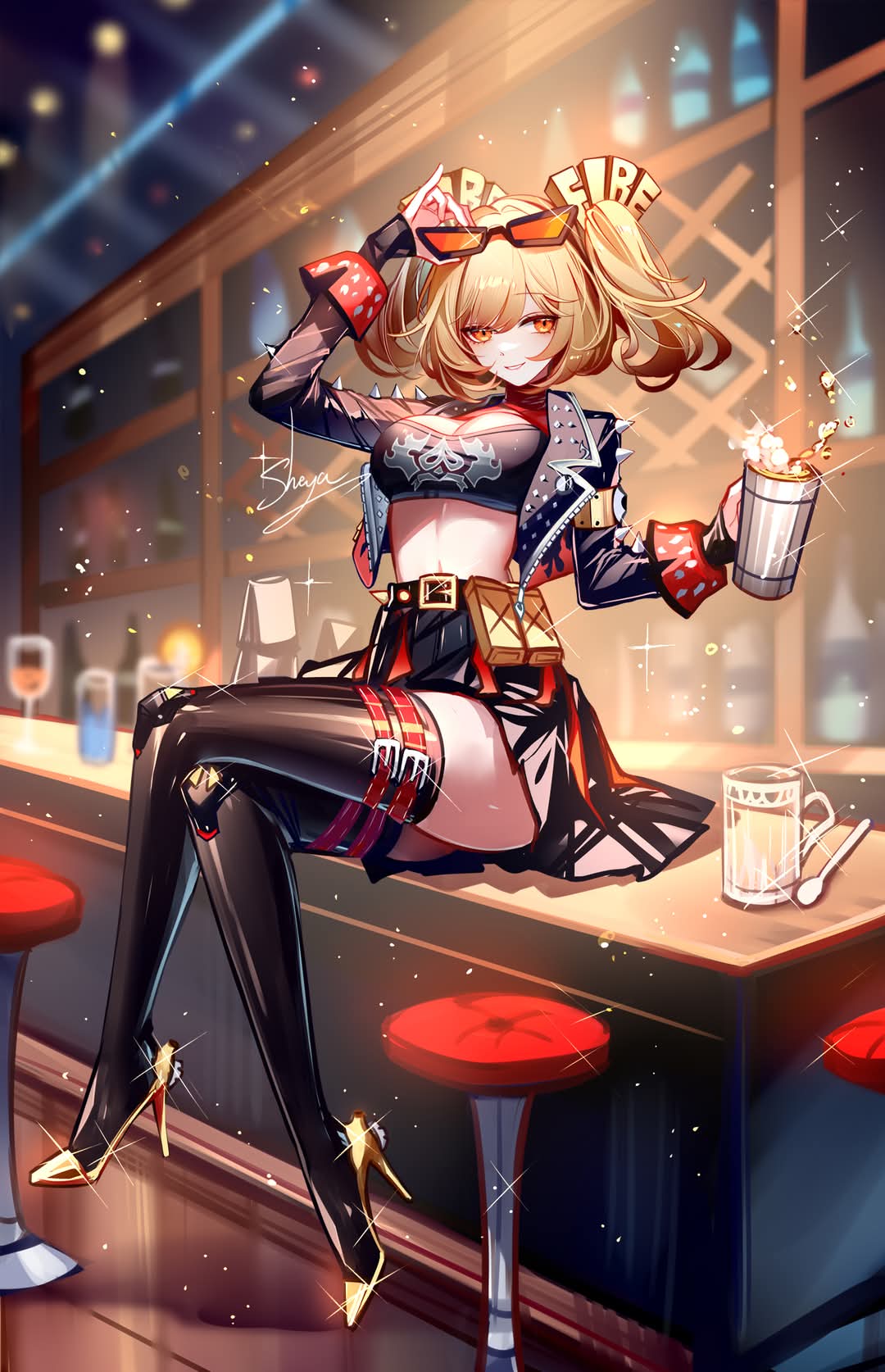 1girl, bartender, burnice_white, medium_hair, sitting_on_counter, zenless_zone_zero