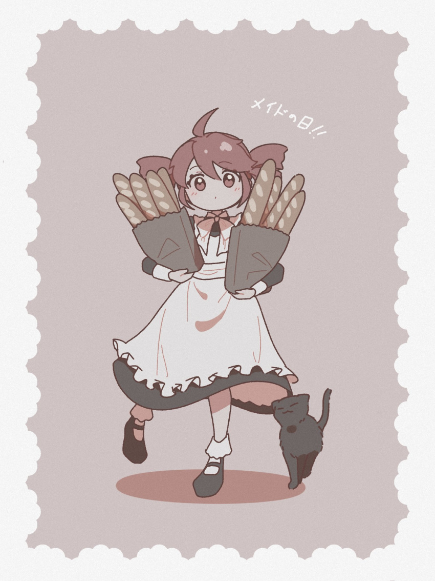 1girl, aged_down, ahoge, alternate_costume, apron, bag, baguette, black_cat