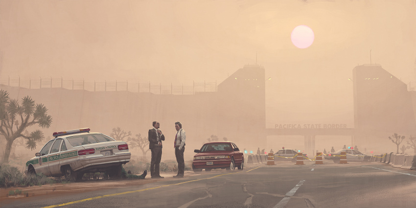 2boys, car, day, haze, highres, jersey_barrier, motor_vehicle, multiple_boys