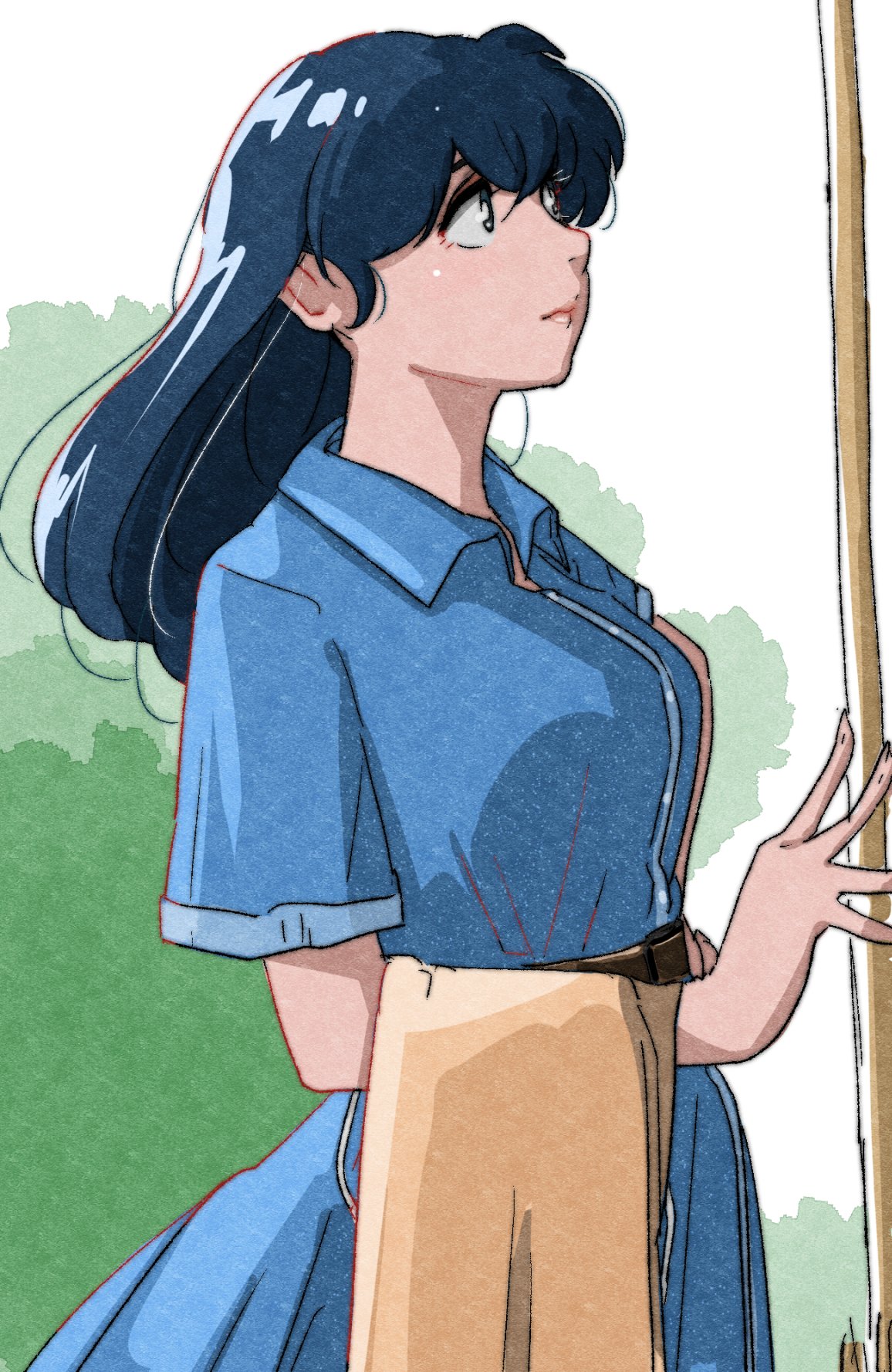 1girl, blue_eyes, blue_hair, border, breasts, broom, bush, collared_dress