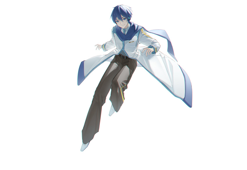 1boy, absurdres, belt, belt_buckle, black_belt, blue_eyes, blue_hair, blue_scarf