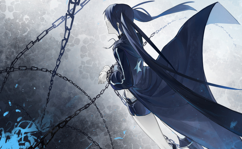 1girl, absurdres, black_coat, black_hair, black_rock_shooter, black_rock_shooter_(character), black_shoes, black_shorts