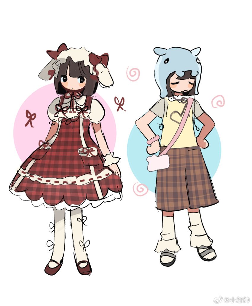 2girls, :o, animal_ear_headwear, animal_ears, beanie, black_eyes, black_ribbon, black_sand