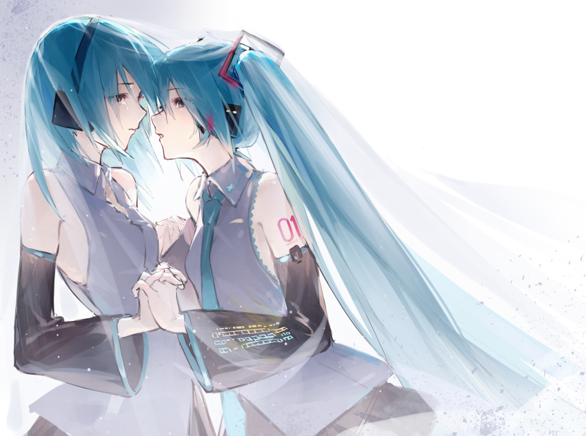 2girls, aqua_necktie, aqua_trim, arm_tattoo, bare_shoulders, black_skirt, black_sleeves, blue_hair