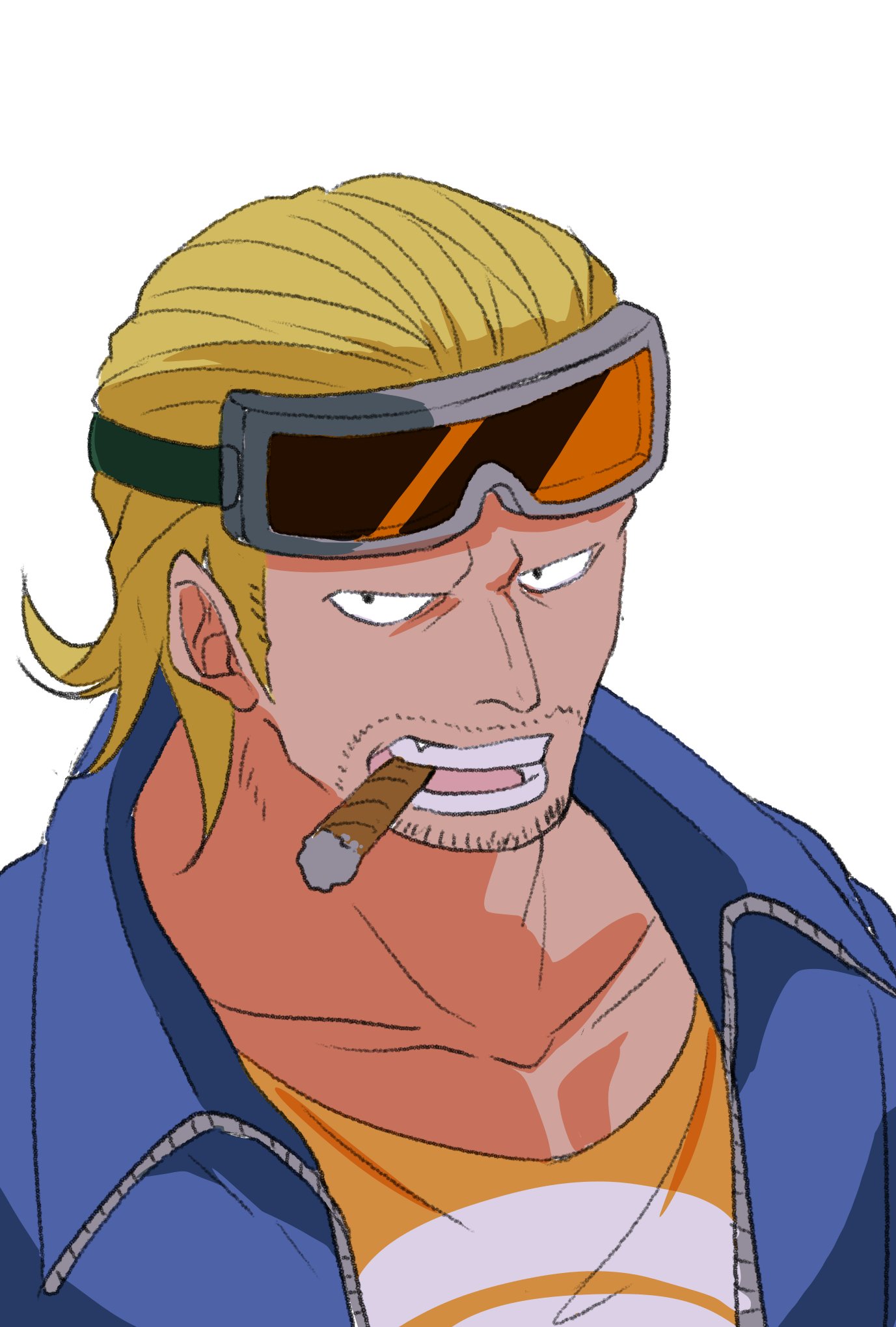 1boy, beard_stubble, blonde_hair, blue_shirt, cigar, collared_shirt, facial_hair, goggles