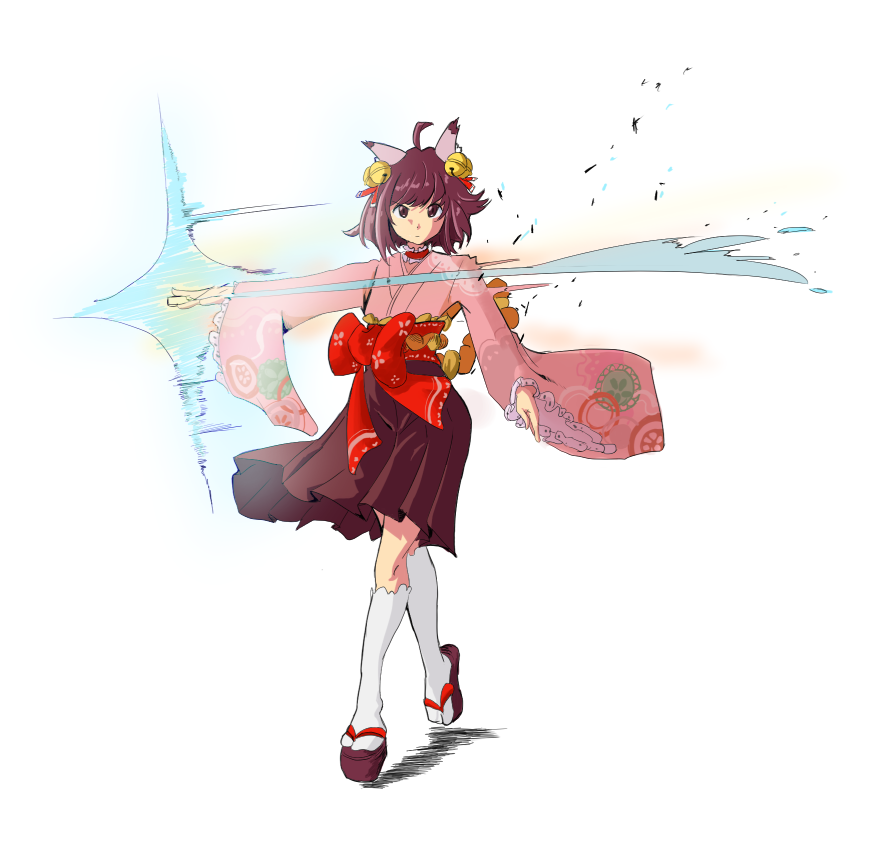 1girl, ahoge, animal_ears, bell, bow, brown_eyes, brown_hair, brown_sandals