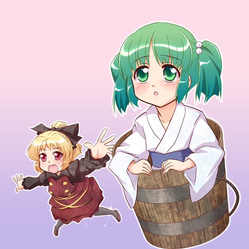 blonde_hair, blush, bow, brown_dress, bucket, dress, girl_in_bucket, green_eyes