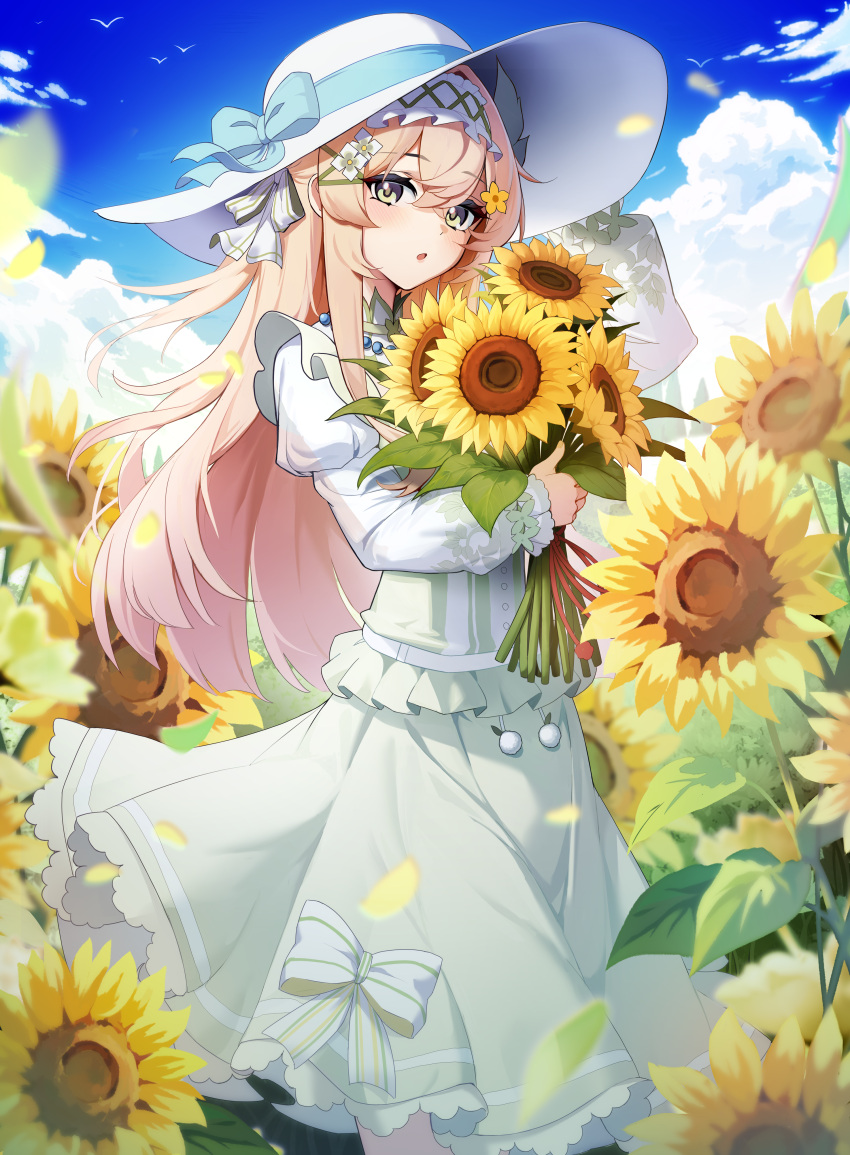 1girl, absurdres, blonde_hair, blue_sky, blush, bouquet, bow, clouds