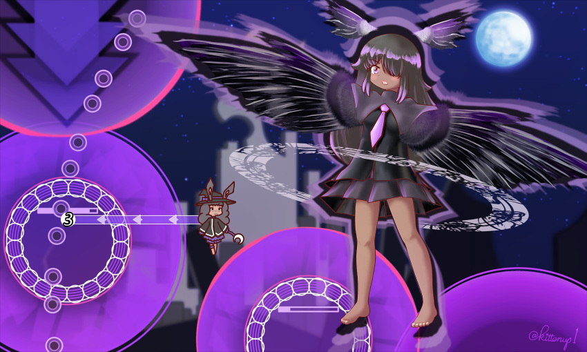 2girls, barefoot, bella_the_seeker_crow, black_shirt, black_skirt, black_wings, blue_sky, chibi, chibi_inset, commentary, danmaku, dark-skinned_female, dark_skin, english_commentary, feathered_wings, full_body, full_moon, hair_over_one_eye, harpy, head_wings, highres, kittenup, long_hair, monster_girl, moon, multiple_girls, necktie, open_mouth, purple_necktie, rabbit_and_steel, rabbit_girl, shirt, skirt, sky, solo_focus, star_(sky), starry_sky, violet_eyes, winged_arms, wings, wizard_rabbit