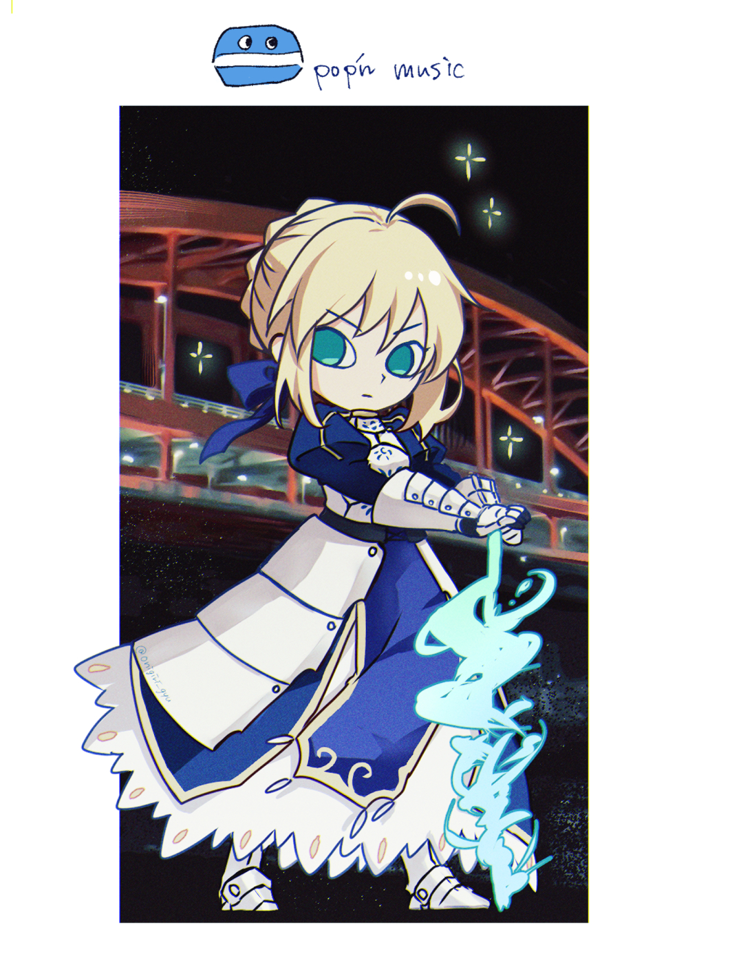 1girl, armor, armored_boots, armored_dress, artoria_pendragon_(fate), bemani, blue_dress, blue_ribbon, boots, border, braid, braided_bun, closed_mouth, commentary, deformed, dress, excalibur_(fate/stay_night), fate_(series), fuyuki_bridge, gauntlets, green_eyes, hair_bun, hair_ribbon, hand_on_hilt, highres, invisible_air_(fate), juliet_sleeves, long_sleeves, looking_at_viewer, looking_to_the_side, medium_hair, night, nigiri, outdoors, outside_border, parody, planted, planted_sword, pop'n_music, pop'n_music_(style), puffy_sleeves, ribbon, saber_(fate), sidelocks, simple_background, single_hair_bun, solo, standing, style_parody, sword, symbol-only_commentary, weapon, white_background, white_border