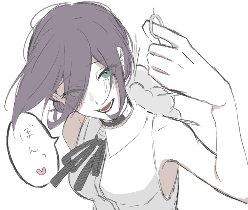 1girl, 5hwhw5, arm_up, armpits, black_choker, black_ribbon, blush, breasts, chainsaw_man, choker, collared_shirt, eyes_visible_through_hair, floating_hair, grenade_pin, hair_between_eyes, looking_at_viewer, medium_breasts, neck_ribbon, purple_hair, reze_(chainsaw_man), ribbon, shirt, short_hair, simple_background, sleeveless, sleeveless_shirt, smile, solo, speech_bubble, translation_request, violet_eyes, white_background, white_shirt