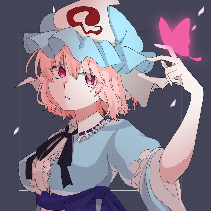 1girl, 5hwhw5, black_ribbon, blue_eyes, blue_kimono, blue_sash, breasts, bug