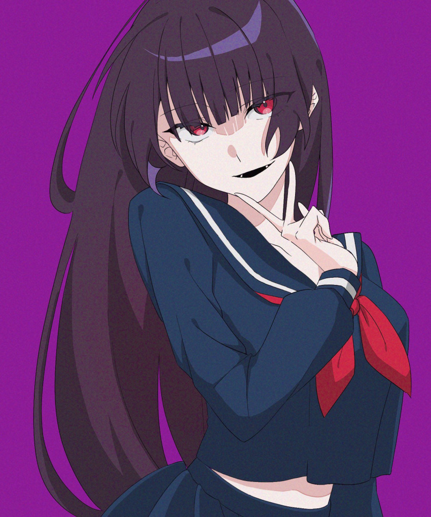 1girl, 5hwhw5, black_hair, black_shirt, black_skirt, blue_sailor_collar, blunt_bangs, breasts, cropped_shirt, hand_up, highres, kanoe_yuuko, large_breasts, long_hair, necktie, parted_lips, pleated_skirt, purple_background, red_eyes, red_necktie, sailor_collar, shirt, simple_background, skirt, smile, solo, tasogare_otome_x_amnesia, v, v_over_mouth, very_long_hair